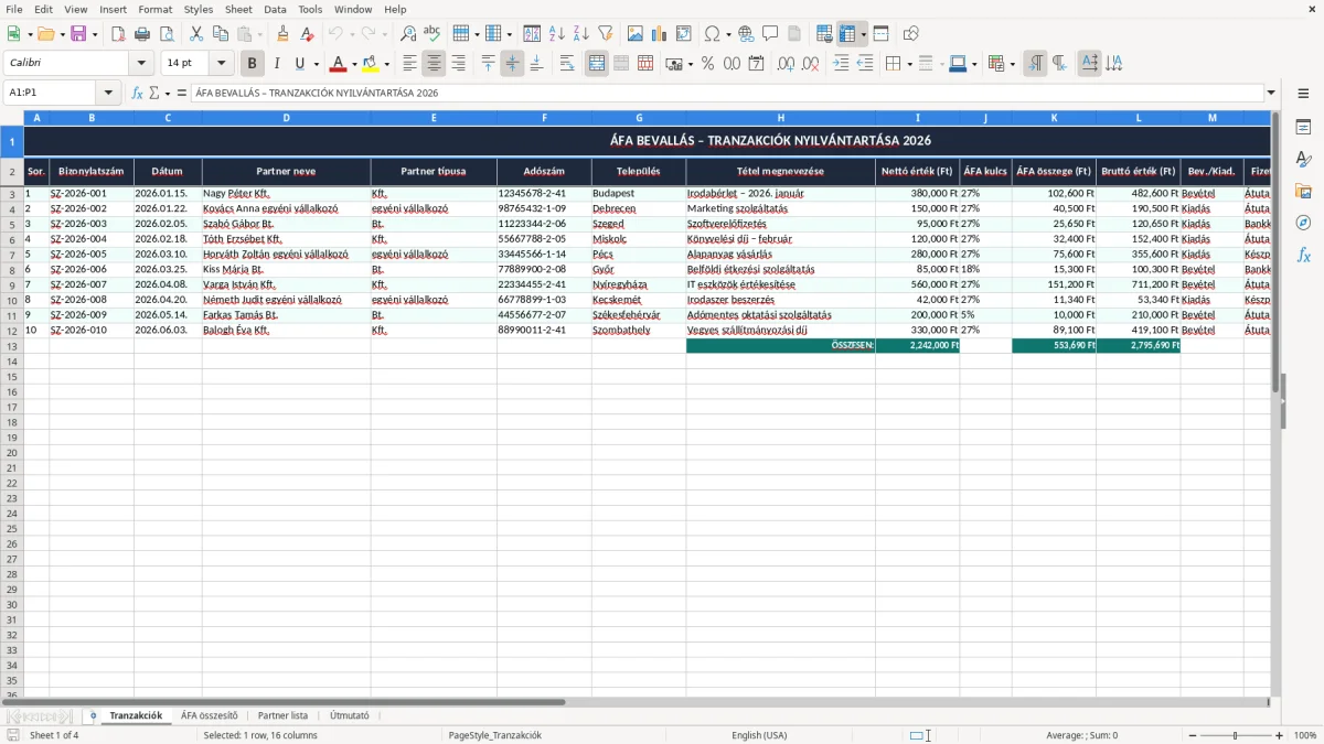 Képernyőkép 1: Tranzakciók lap - Excel sablon áfa bevallás excel sablon