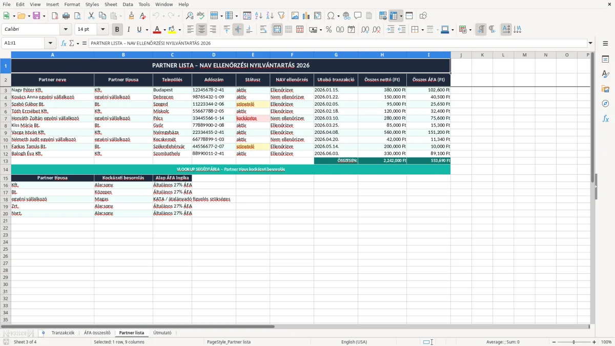 Képernyőkép 3: Partner lista lap - Excel sablon áfa bevallás excel sablon