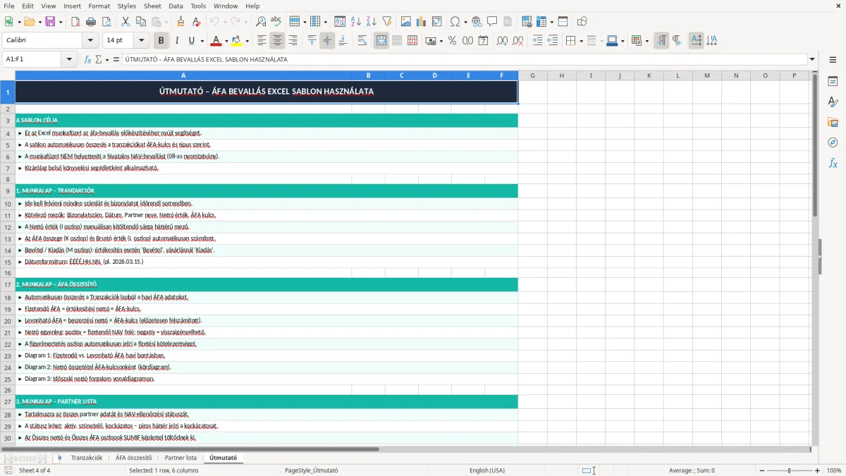 Képernyőkép 4: Útmutató lap - Excel sablon áfa bevallás excel sablon