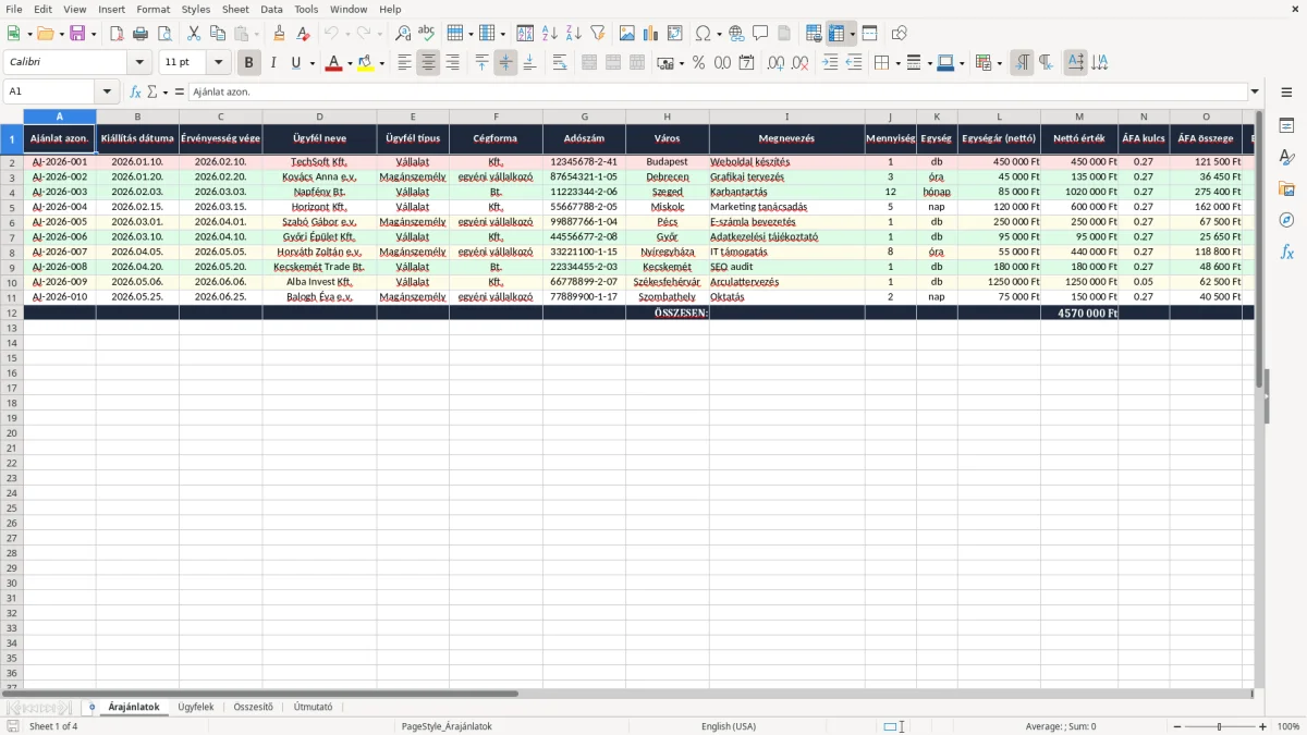 Képernyőkép 1: Árajánlatok lap - Excel sablon árajánlat excel sablon