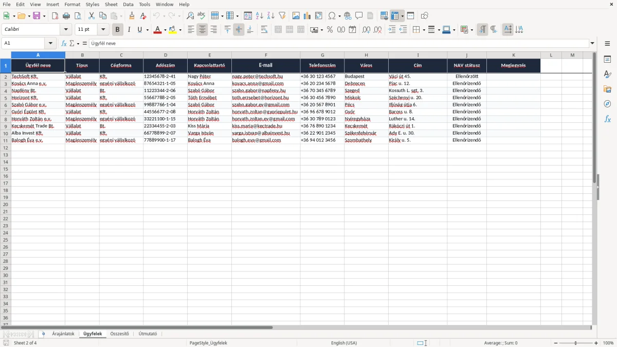 Képernyőkép 2: Ügyfelek lap - Excel sablon árajánlat excel sablon