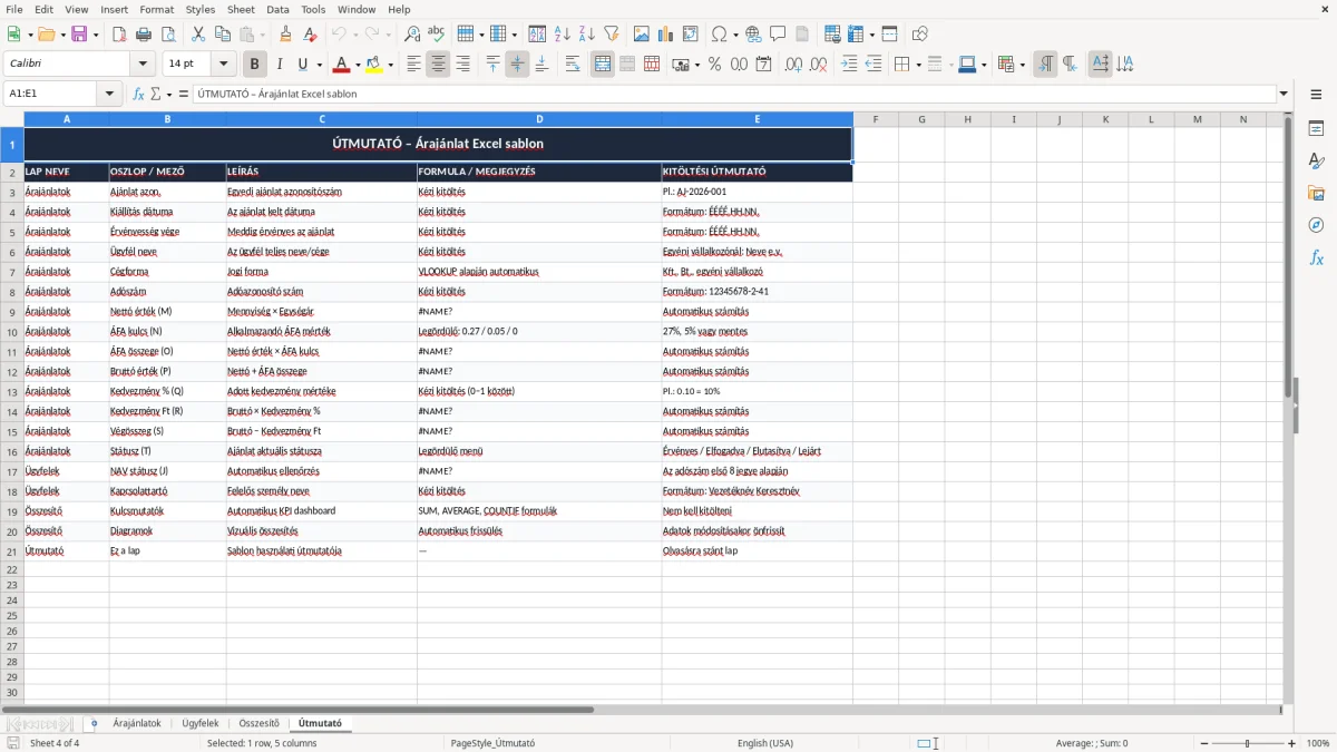 Képernyőkép 4: Útmutató lap - Excel sablon árajánlat excel sablon