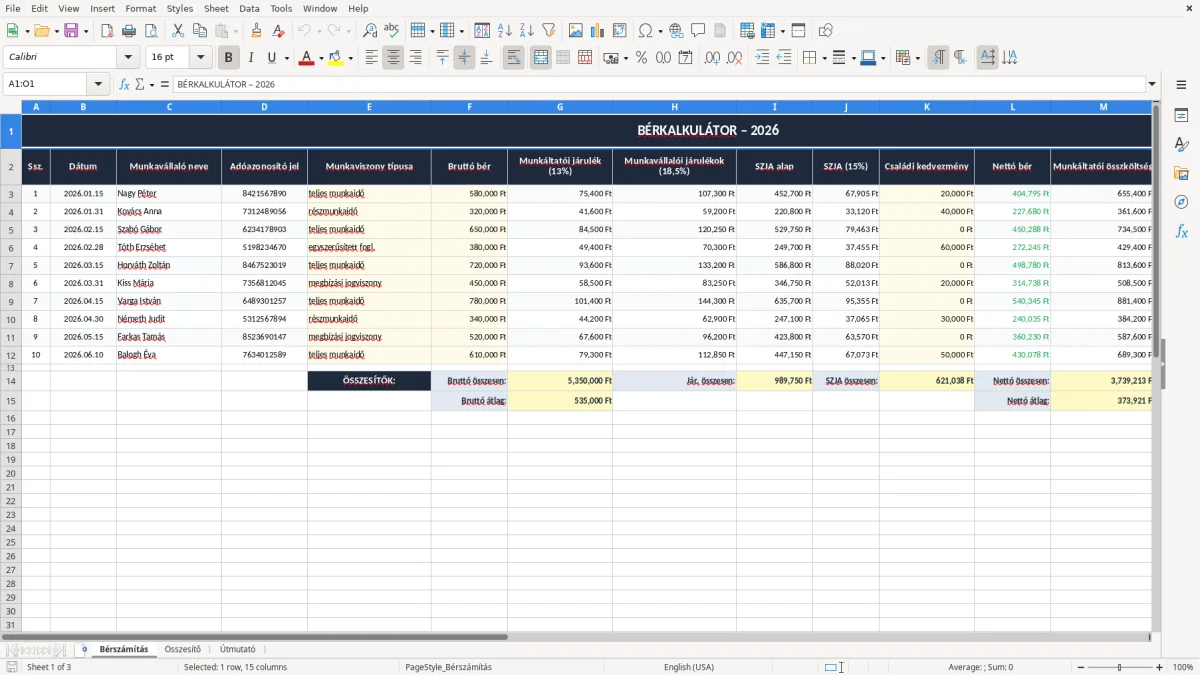 Képernyőkép 1: Bérszámítás lap - Excel sablon bérkalkulátor excel sablon