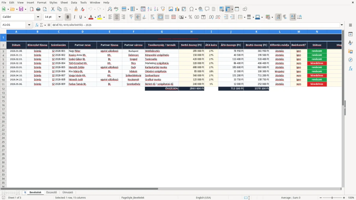 Képernyőkép 1: Bevételek lap - Excel sablon bevétel nyilvántartás excel sablon