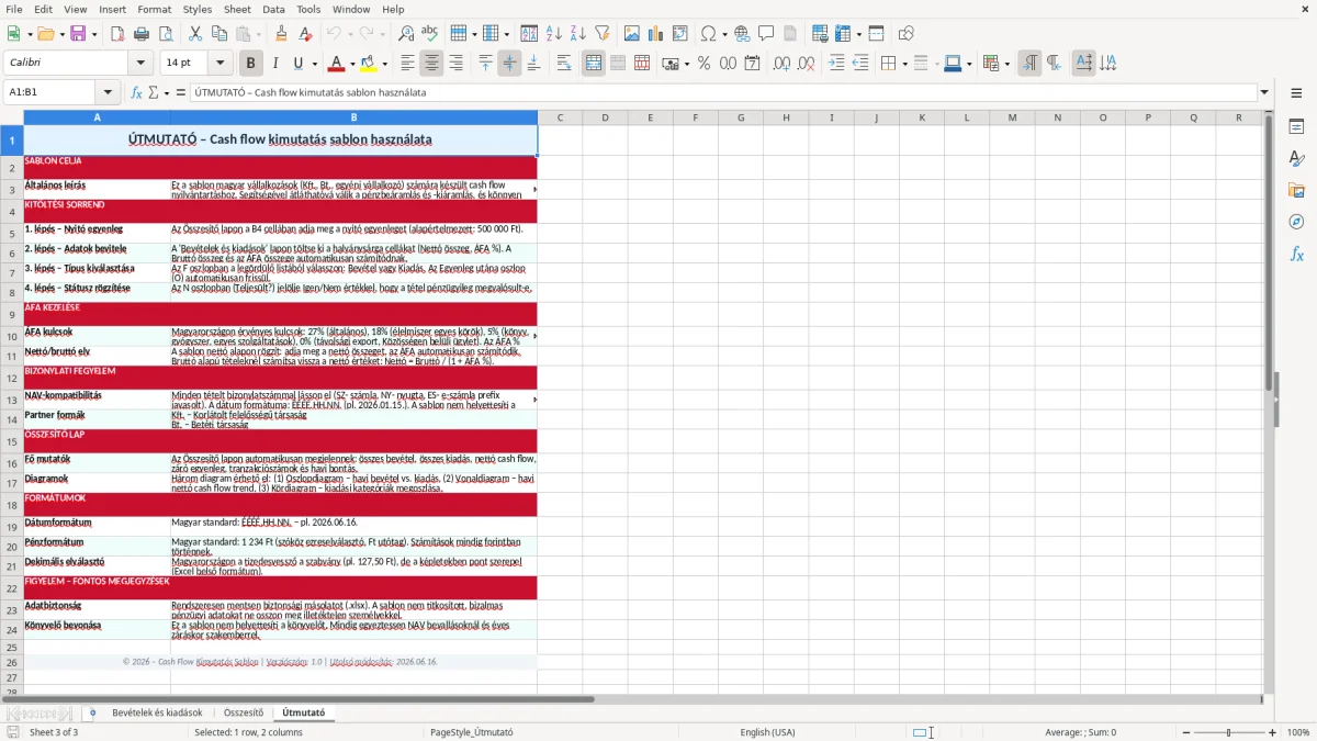 Képernyőkép 3: Útmutató lap - Excel sablon cash flow kimutatás excel sablon
