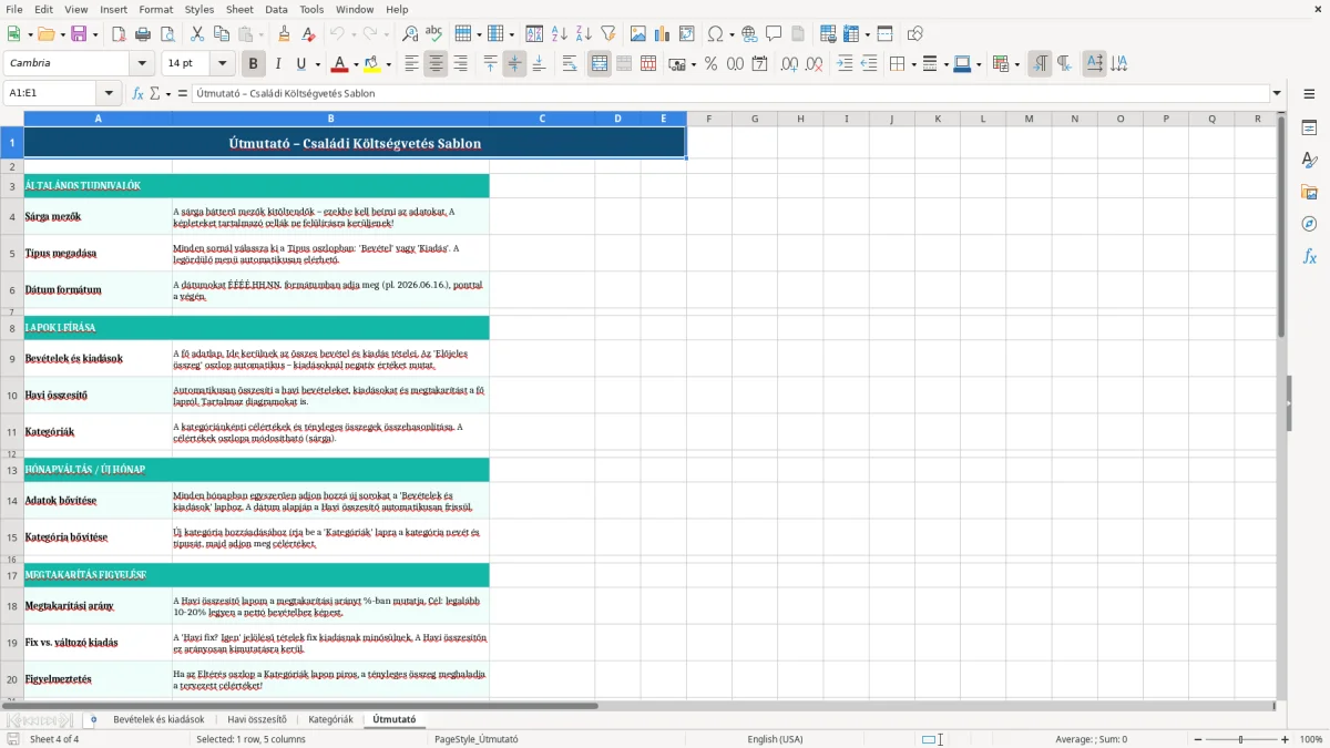 Képernyőkép 4: Útmutató lap - Excel sablon családi költségvetés excel sablon