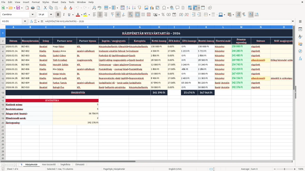 Képernyőkép 1: Házipénztár lap - Excel sablon házipénztár excel sablon