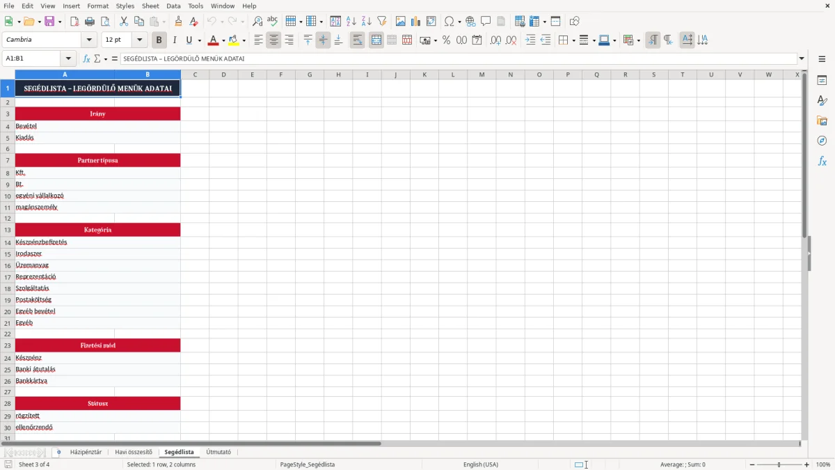 Képernyőkép 3: Segédlista lap - Excel sablon házipénztár excel sablon