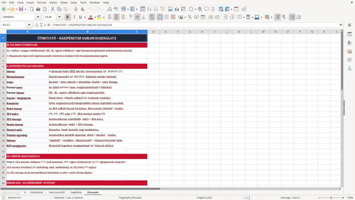 Képernyőkép 4: Útmutató lap - Excel sablon házipénztár excel sablon