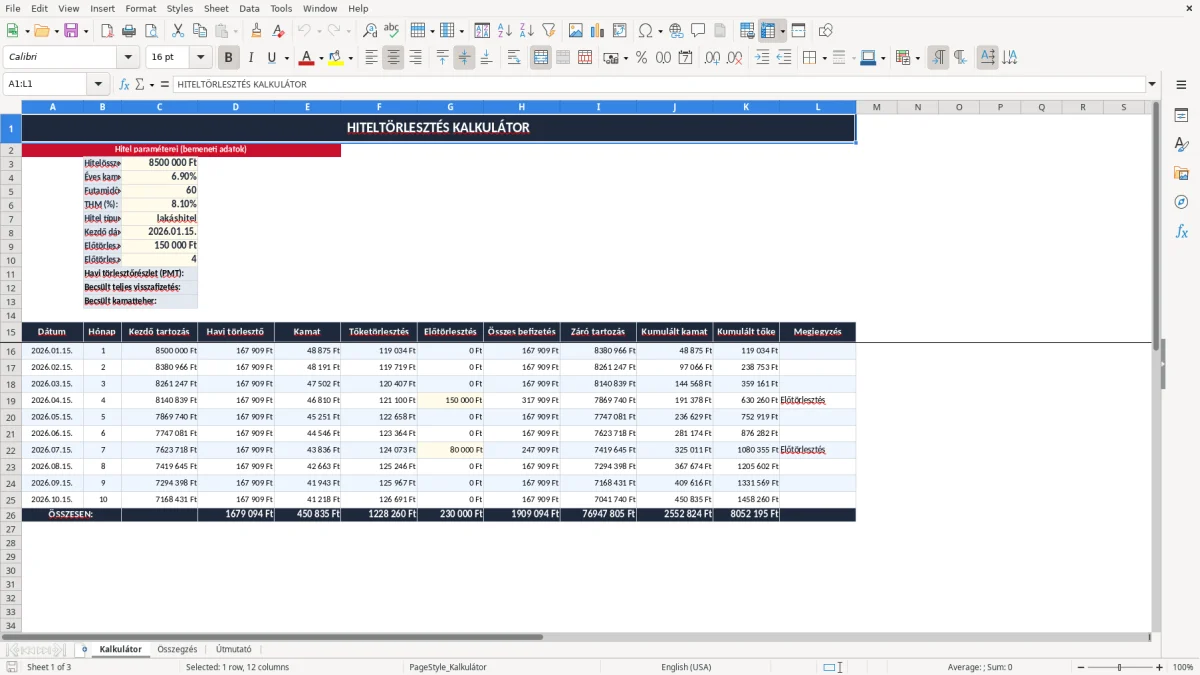 Képernyőkép 1: Kalkulátor lap - Excel sablon hiteltörlesztés kalkulátor excel sablon