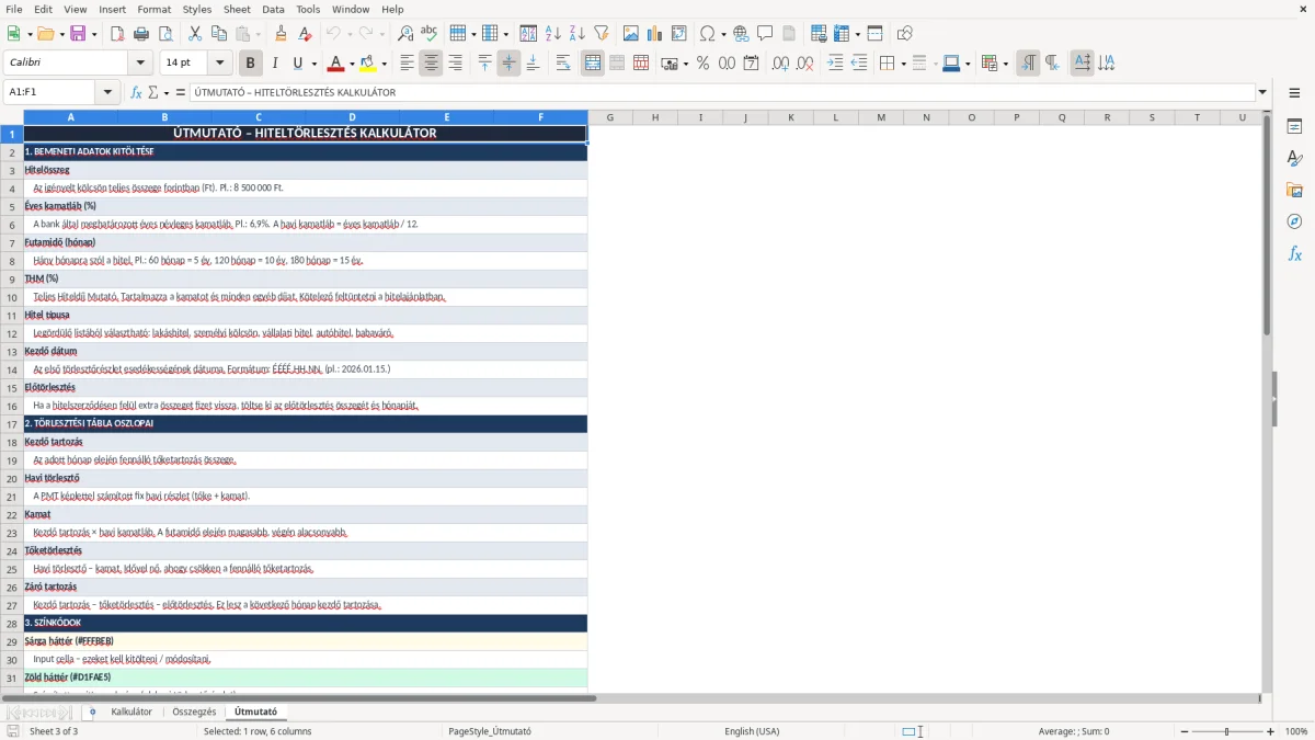 Képernyőkép 3: Útmutató lap - Excel sablon hiteltörlesztés kalkulátor excel sablon