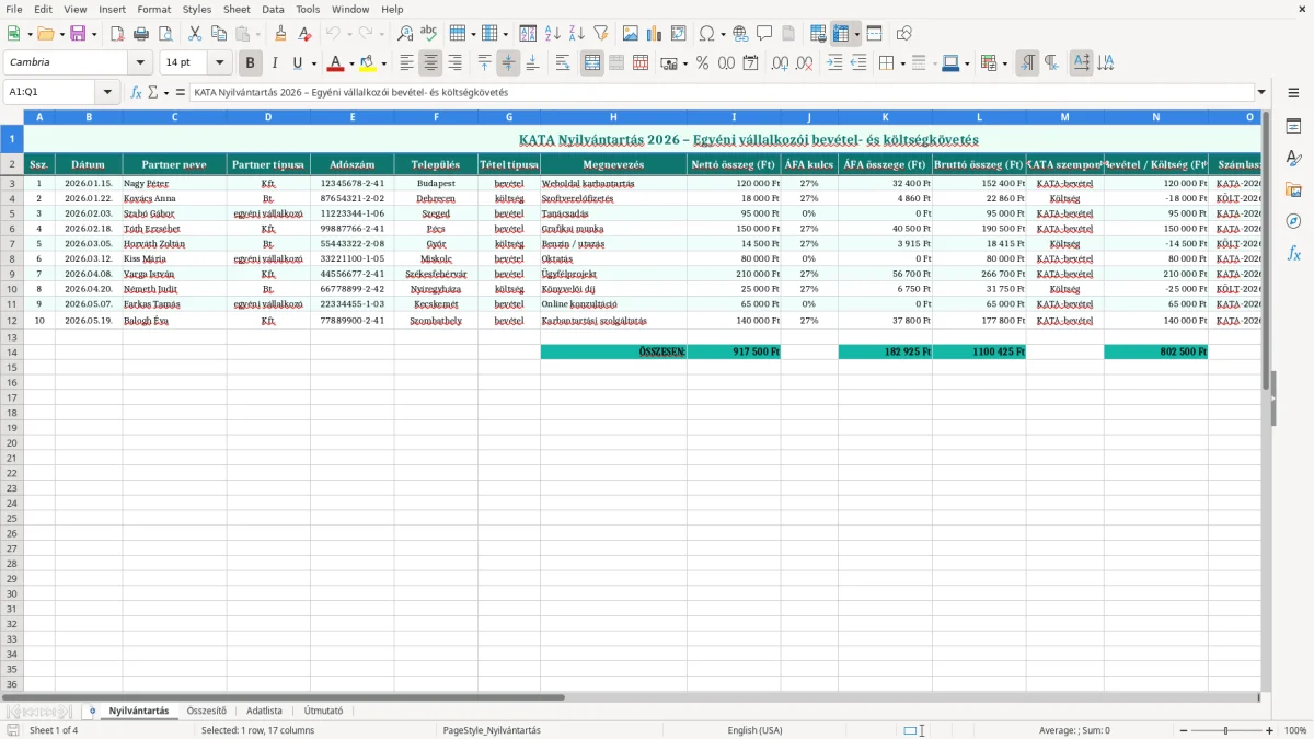 Képernyőkép 1: Nyilvántartás lap - Excel sablon kata nyilvántartás excel sablon