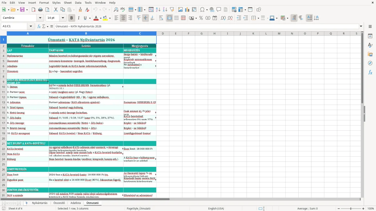 Képernyőkép 4: Útmutató lap - Excel sablon kata nyilvántartás excel sablon