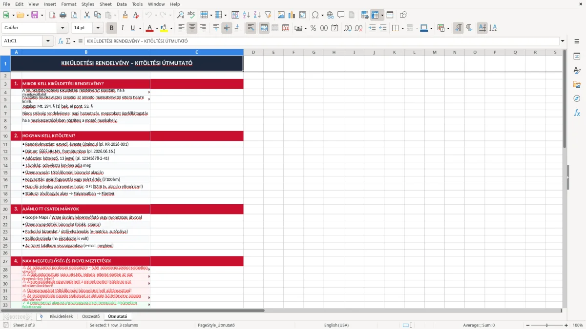 Képernyőkép 3: Útmutató lap - Excel sablon kiküldetési rendelvény excel sablon