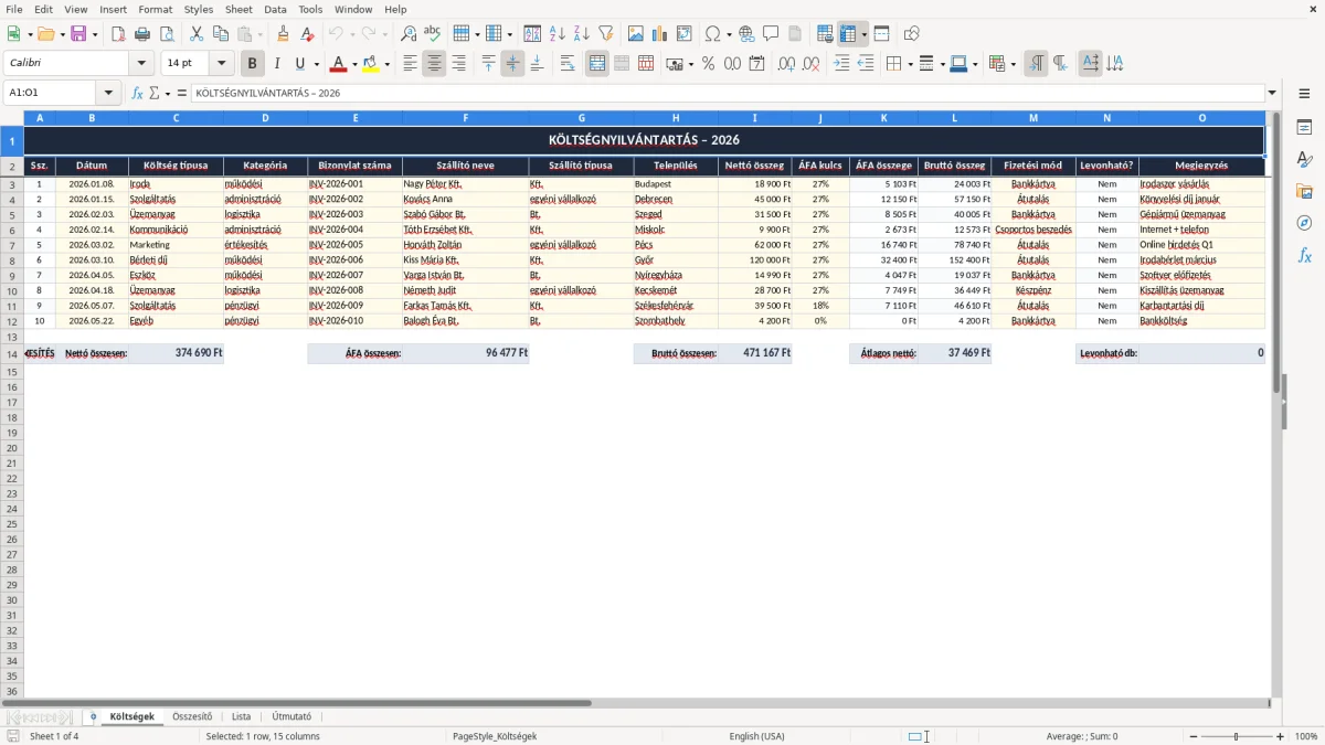 Képernyőkép 1: Költségek lap - Excel sablon költségnyilvántartás excel sablon