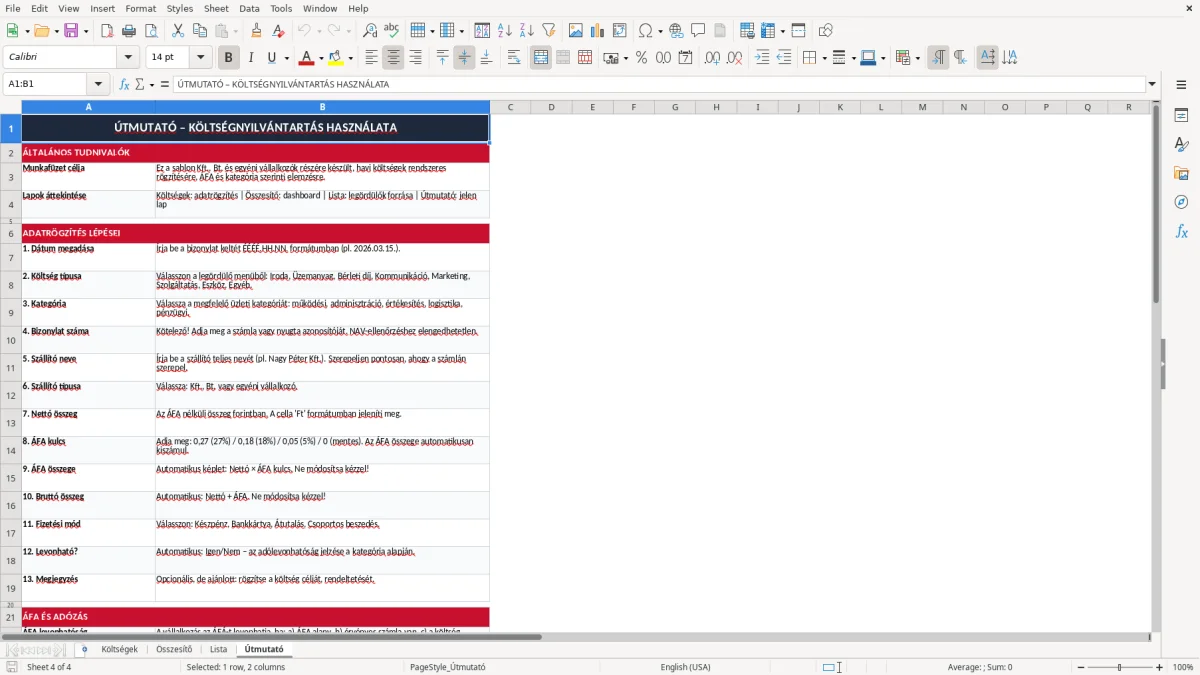 Képernyőkép 4: Útmutató lap - Excel sablon költségnyilvántartás excel sablon