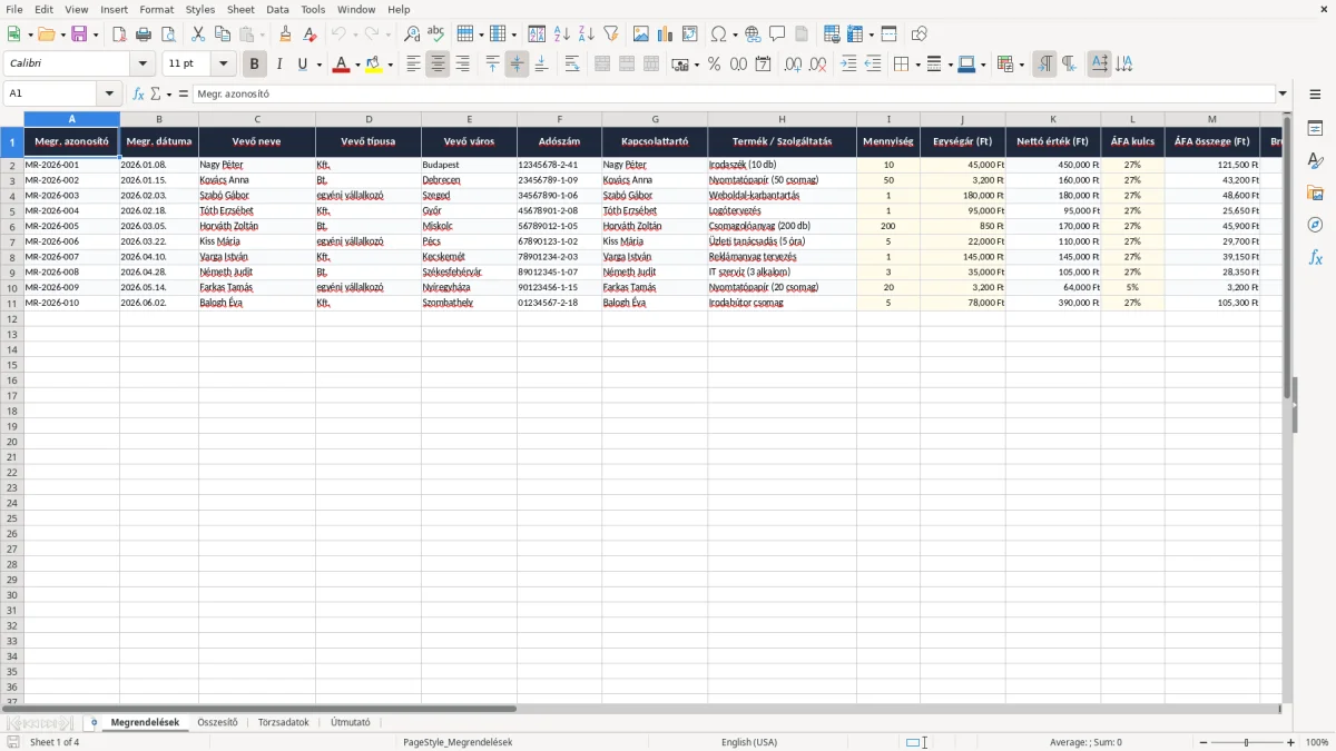 Képernyőkép 1: Megrendelések lap - Excel sablon megrendelés excel sablon