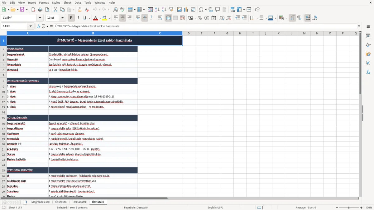 Képernyőkép 4: Útmutató lap - Excel sablon megrendelés excel sablon