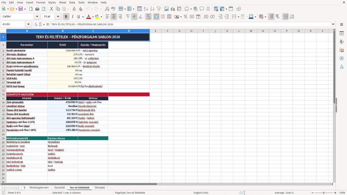 Képernyőkép 3: Terv és feltételek lap - Excel sablon pénzforgalmi terv excel sablon