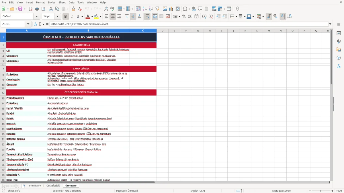 Képernyőkép 3: Útmutató lap - Excel sablon projektterv excel sablon