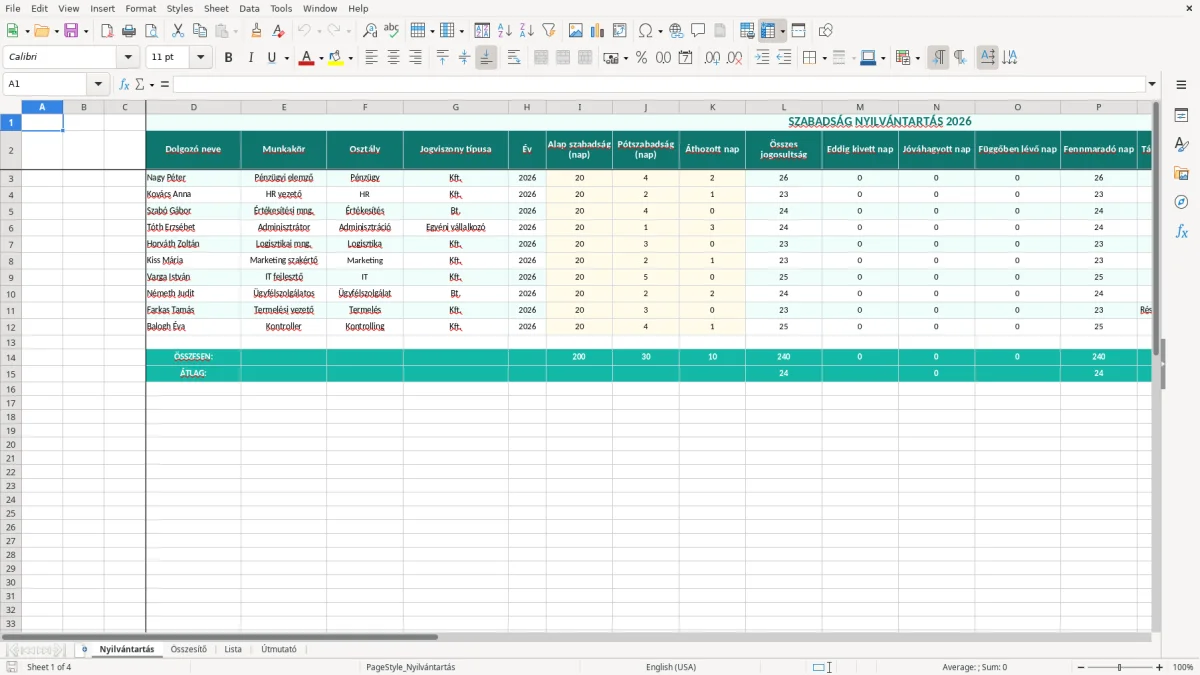 Képernyőkép 1: Nyilvántartás lap - Excel sablon szabadság nyilvántartás excel sablon