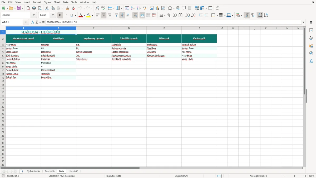 Képernyőkép 3: Lista lap - Excel sablon szabadság nyilvántartás excel sablon