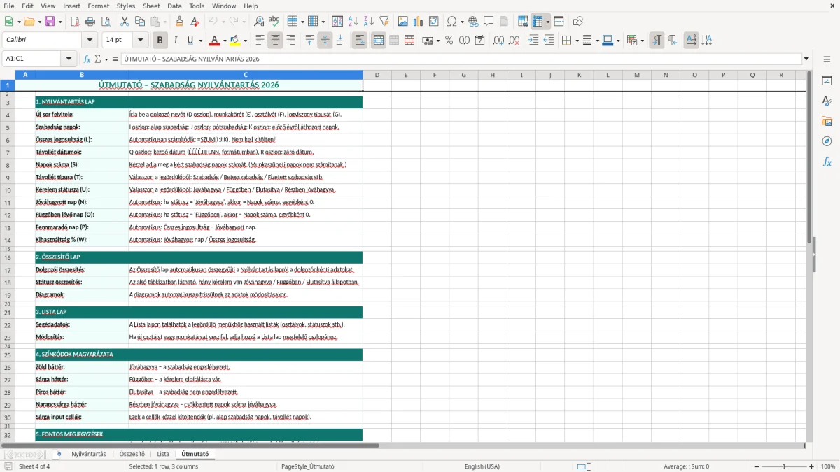 Képernyőkép 4: Útmutató lap - Excel sablon szabadság nyilvántartás excel sablon