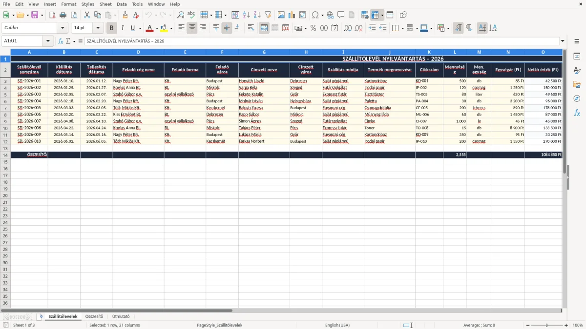 Képernyőkép 1: Szállítólevelek lap - Excel sablon szállítólevél excel sablon