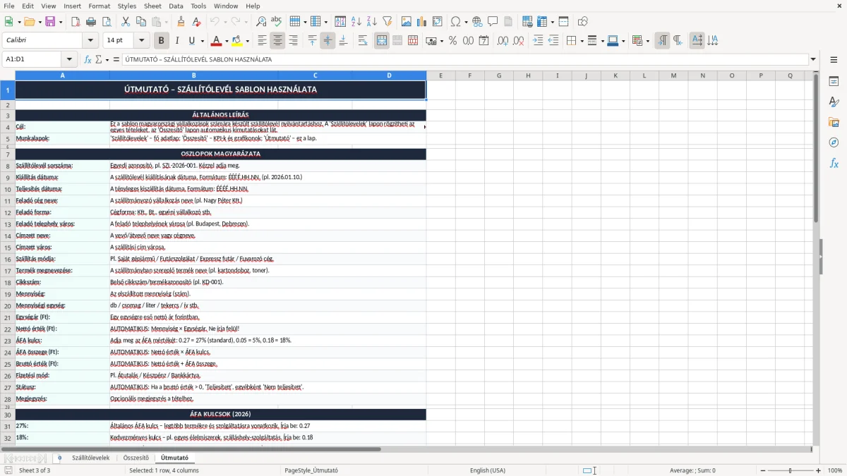 Képernyőkép 3: Útmutató lap - Excel sablon szállítólevél excel sablon