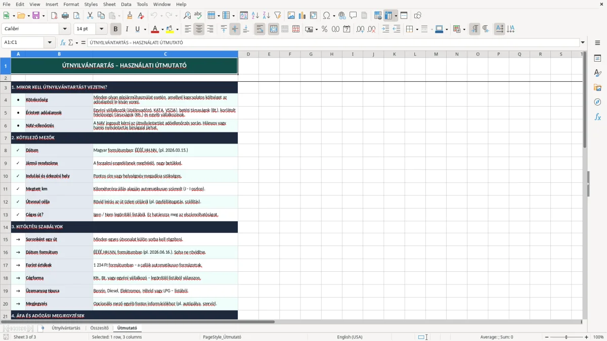 Képernyőkép 3: Útmutató lap - Excel sablon útnyilvántartás excel sablon