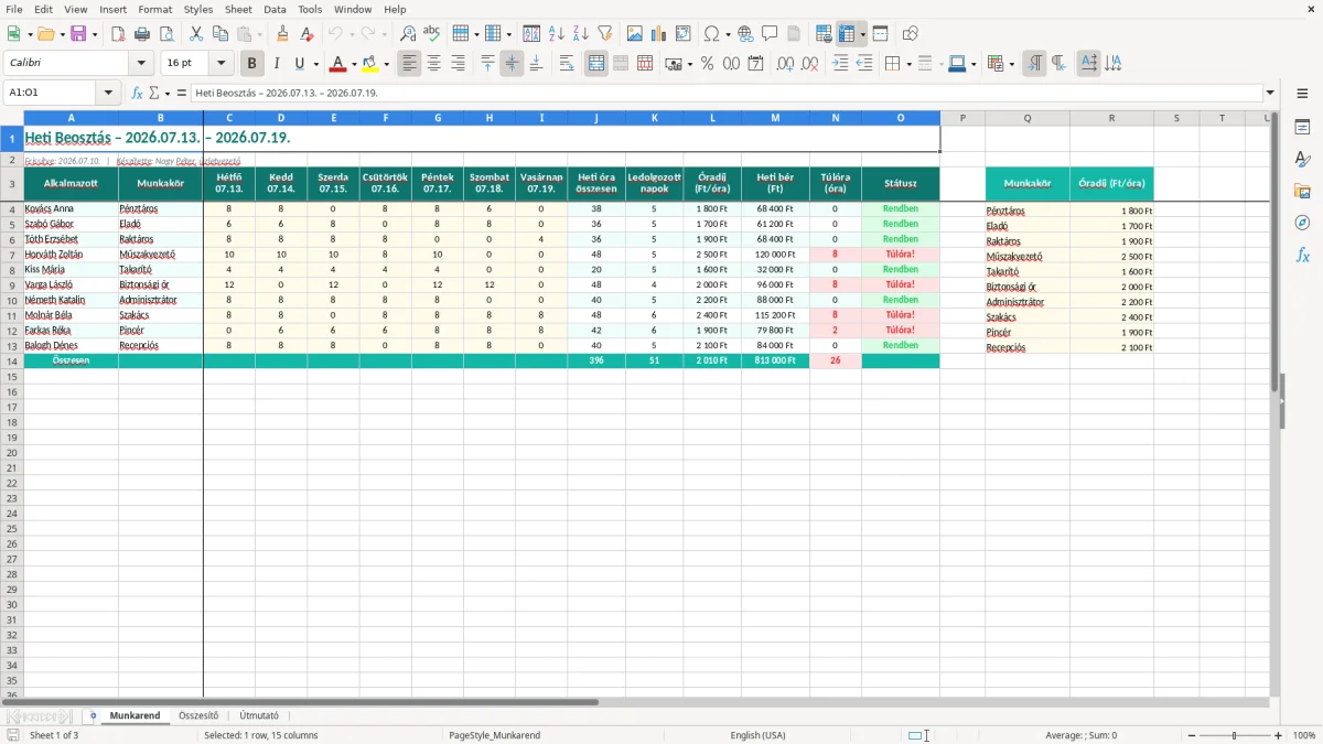 Képernyőkép 1: Munkarend lap - Excel sablon beosztás készítő excel sablon