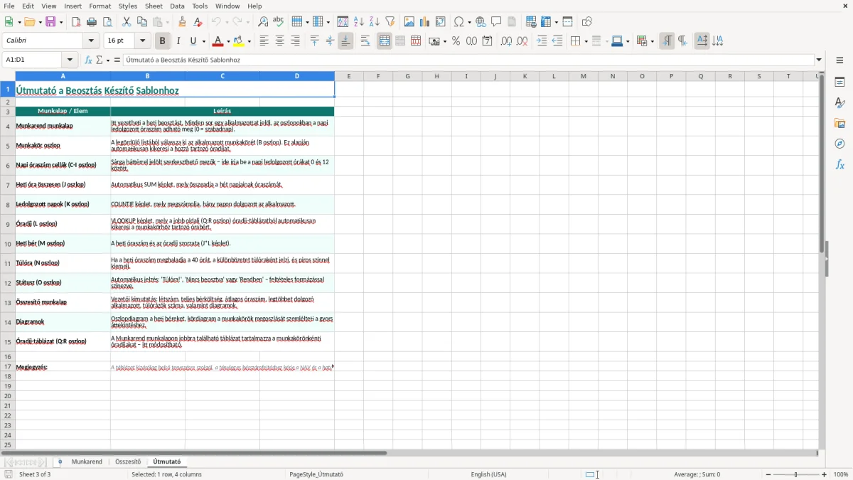 Képernyőkép 3: Útmutató lap - Excel sablon beosztás készítő excel sablon