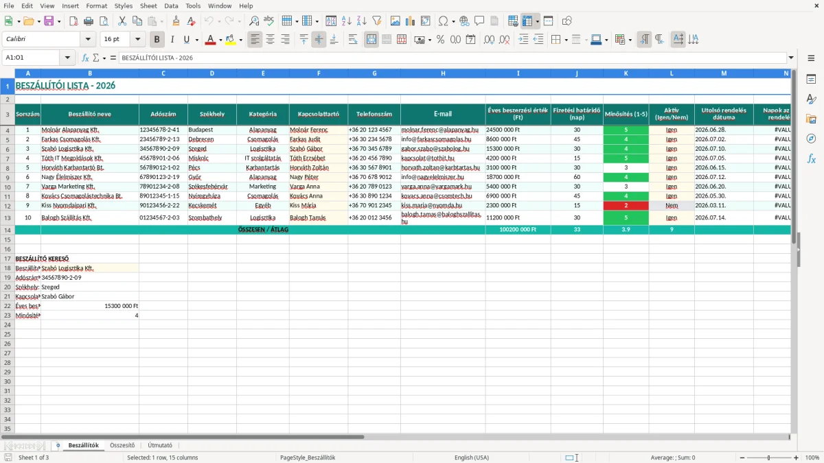 Képernyőkép 1: Beszállítók lap - Excel sablon beszállítói lista excel sablon