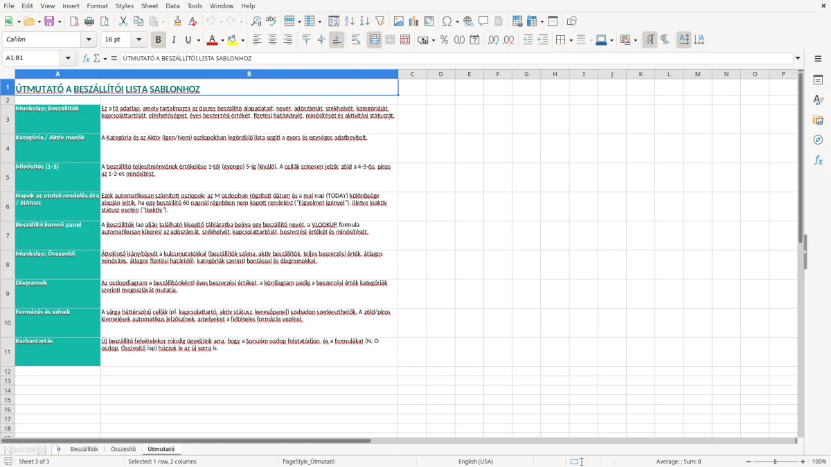 Képernyőkép 3: Útmutató lap - Excel sablon beszállítói lista excel sablon