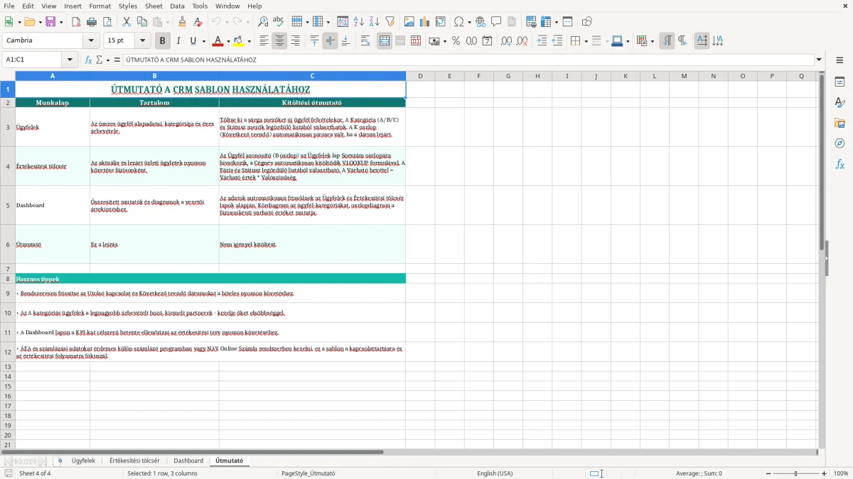 Képernyőkép 4: Útmutató lap - Excel sablon crm excel sablon kkv