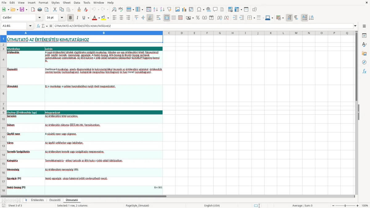 Képernyőkép 3: Útmutató lap - Excel sablon értékesítési kimutatás excel sablon