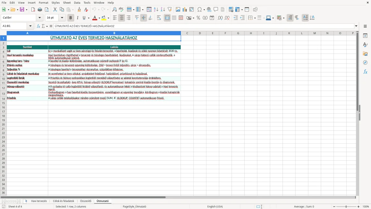 Képernyőkép 4: Útmutató lap - Excel sablon éves tervező excel sablon