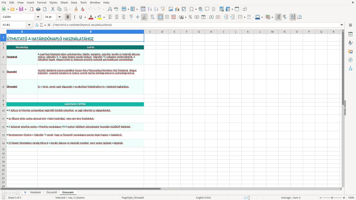 Képernyőkép 3: Útmutató lap - Excel sablon határidőnapló excel sablon