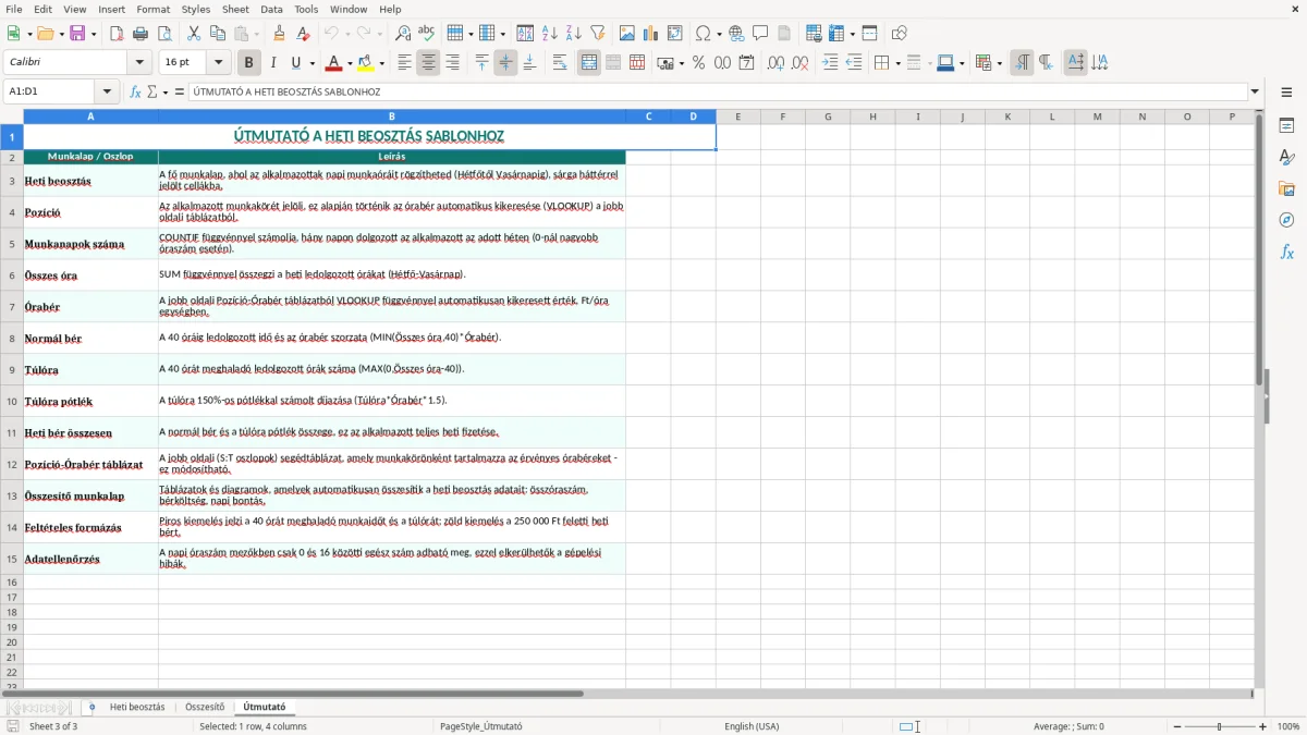 Képernyőkép 3: Útmutató lap - Excel sablon heti beosztás excel sablon