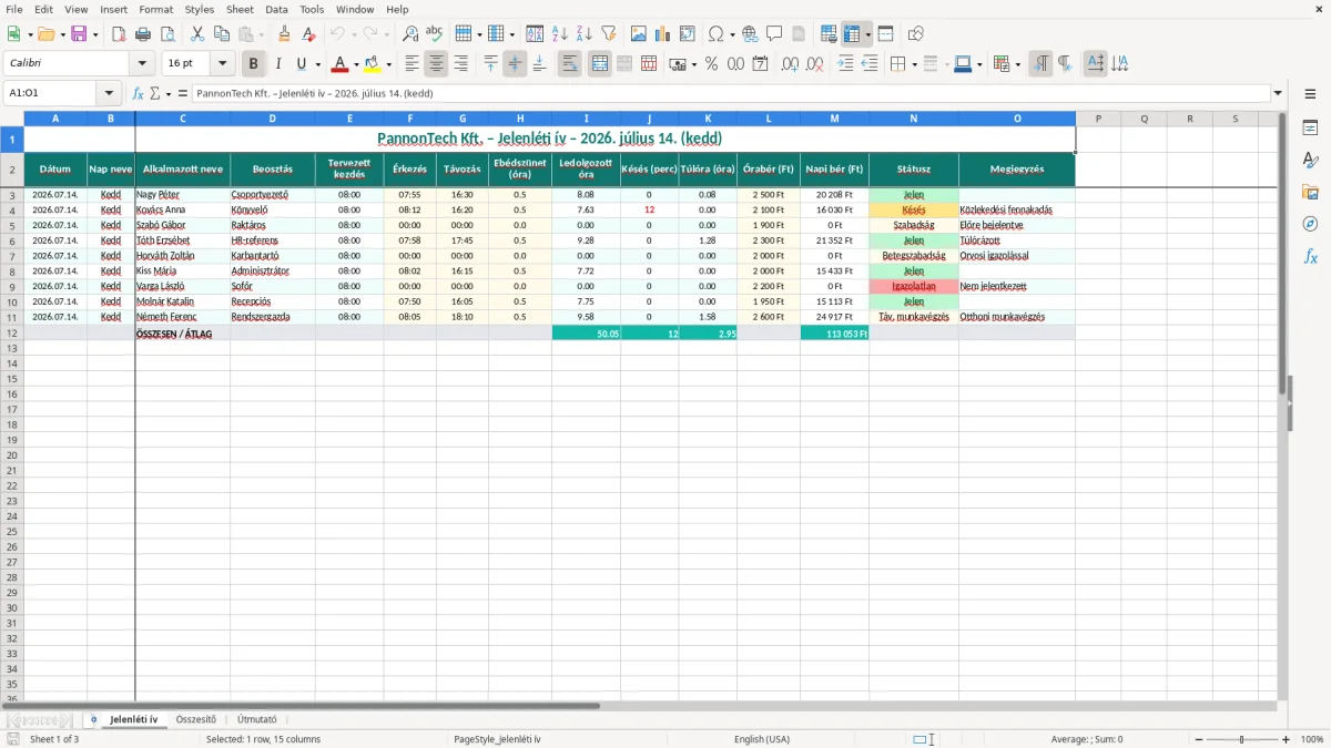 Képernyőkép 1: Jelenléti ív lap - Excel sablon jelenléti ív excel sablon