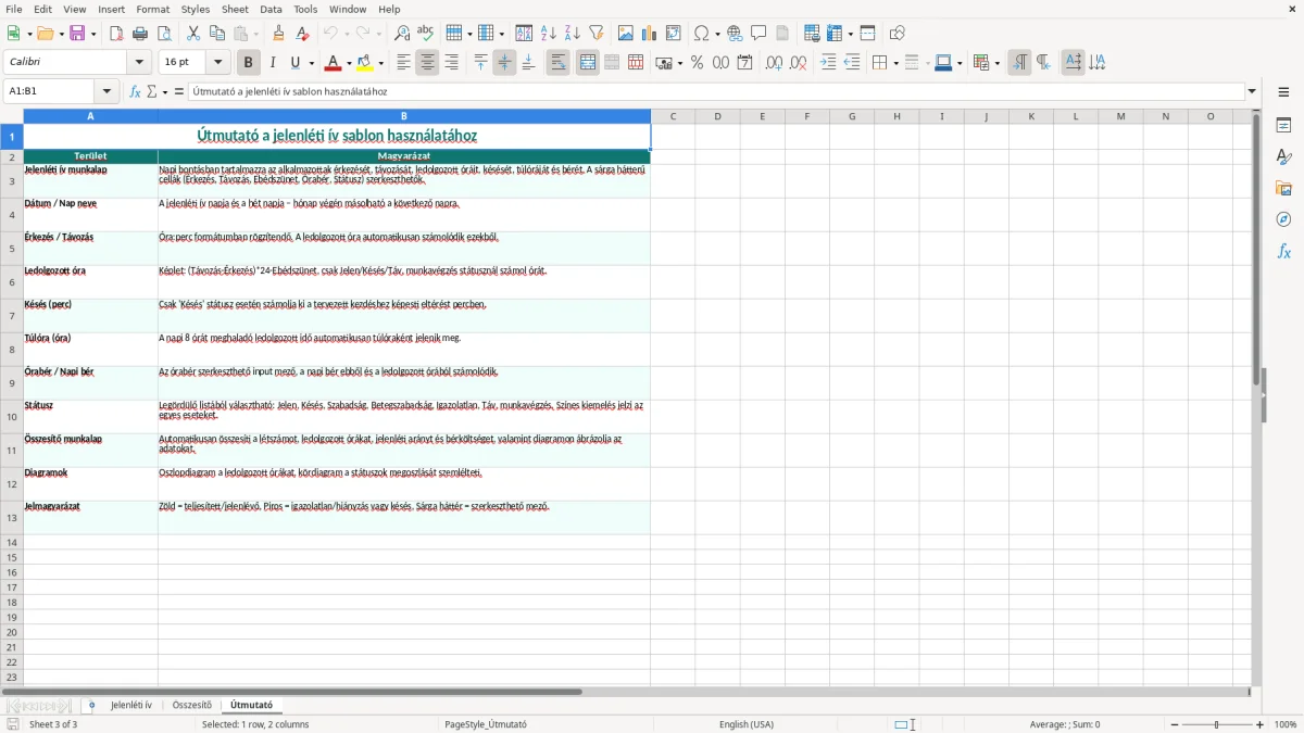 Képernyőkép 3: Útmutató lap - Excel sablon jelenléti ív excel sablon