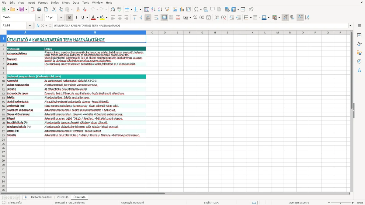 Képernyőkép 3: Útmutató lap - Excel sablon karbantartási terv excel sablon
