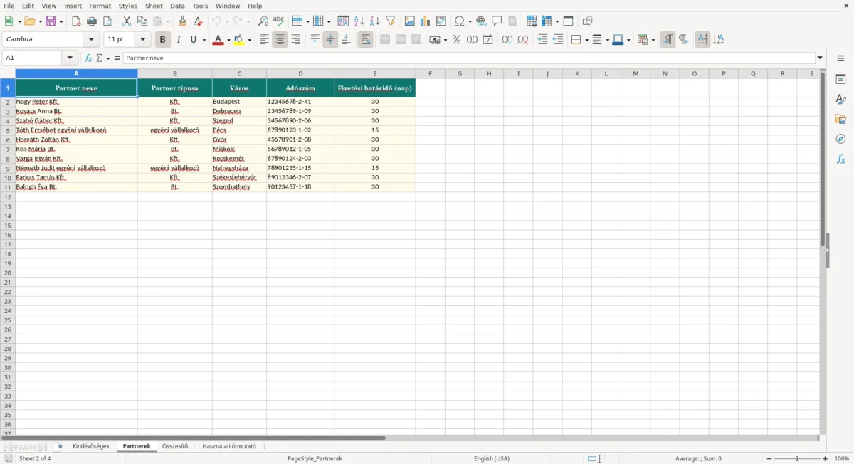 Excel – kintlévőség nyilvántartás excel sablon – Partnerek