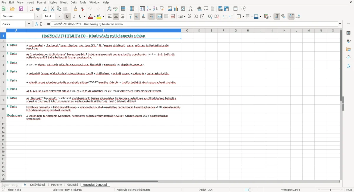 Excel – kintlévőség nyilvántartás excel sablon – Használati útmutató
