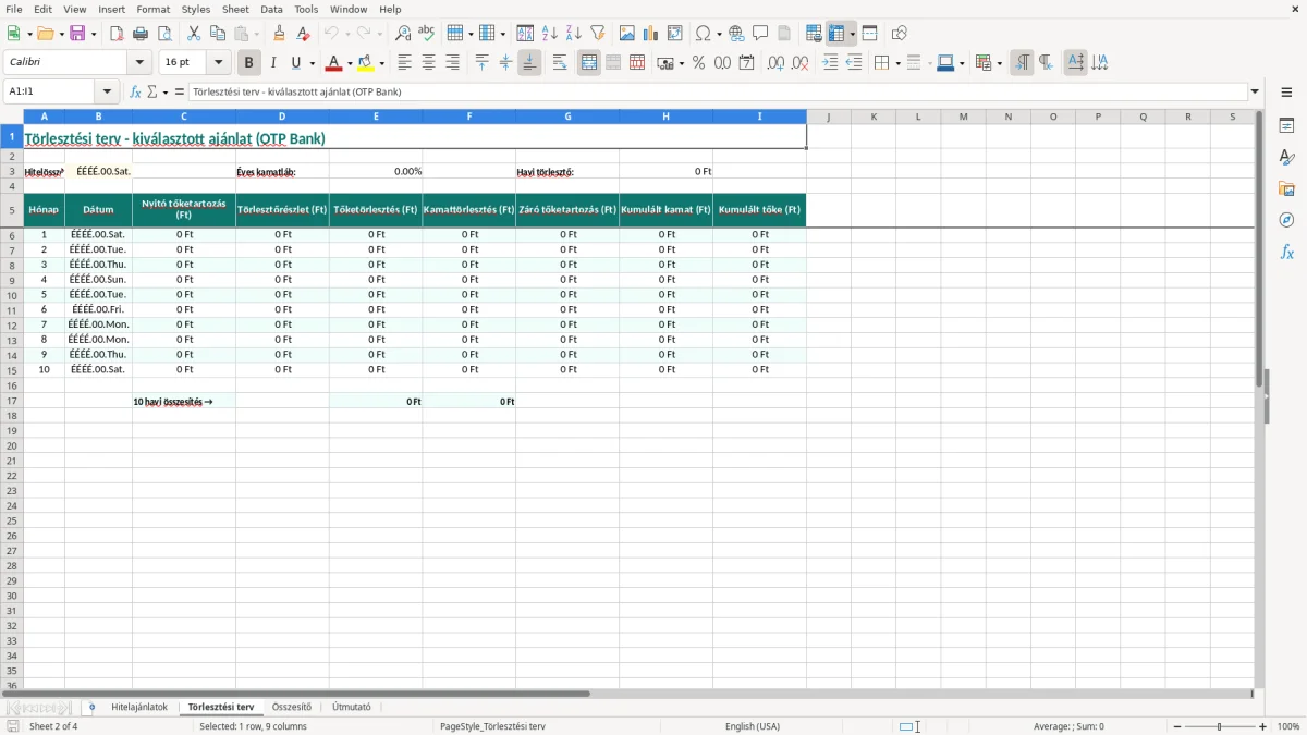 Képernyőkép 2: Törlesztési terv lap - Excel sablon lakáshitel kalkulátor excel sablon