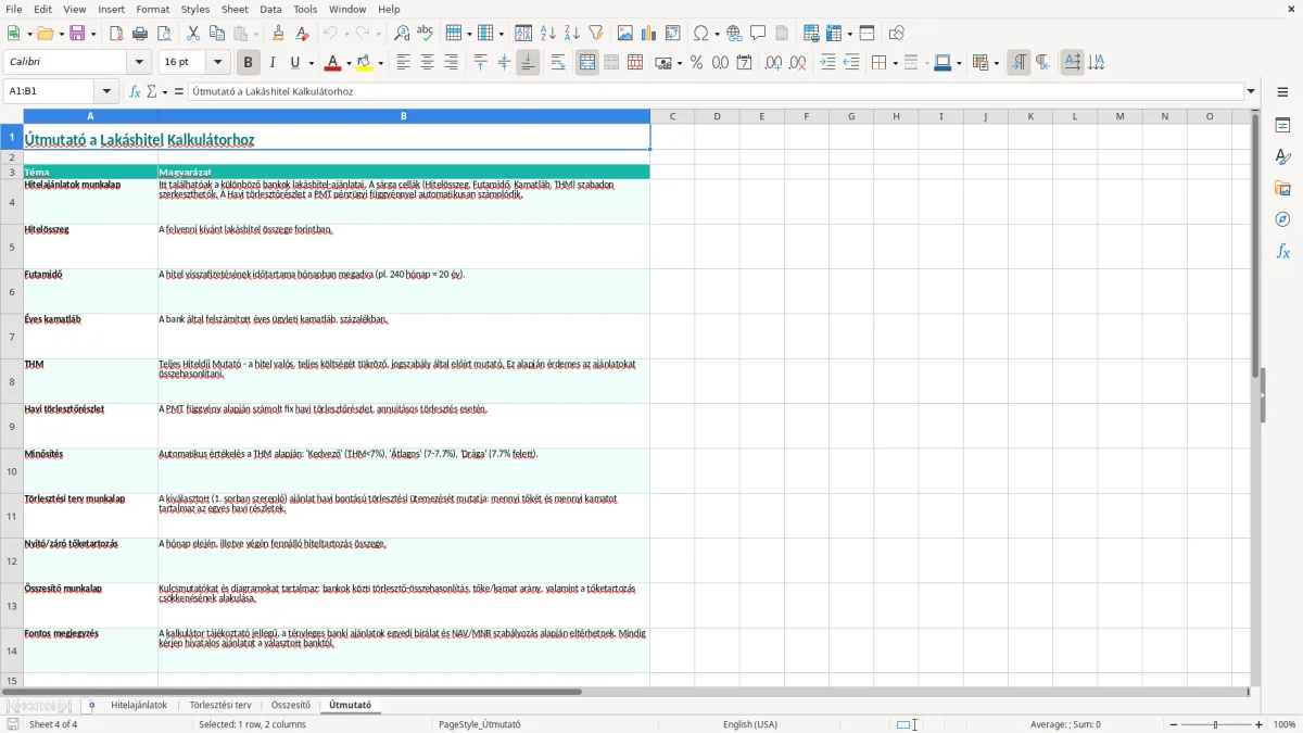 Képernyőkép 4: Útmutató lap - Excel sablon lakáshitel kalkulátor excel sablon