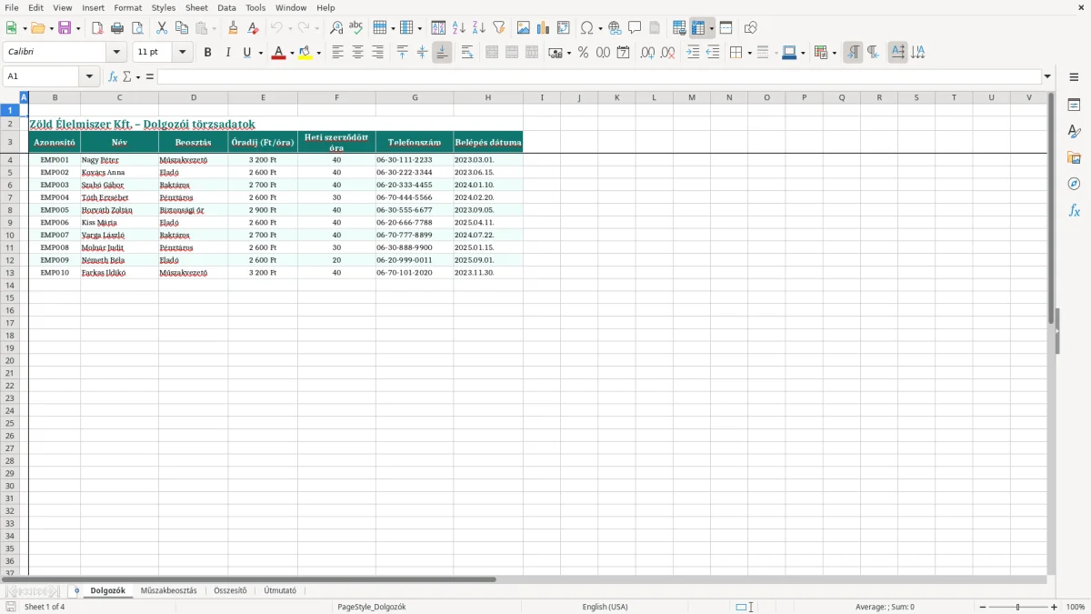Képernyőkép 1: Dolgozók lap - Excel sablon műszakbeosztás excel sablon