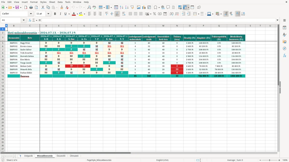 Képernyőkép 2: Műszakbeosztás lap - Excel sablon műszakbeosztás excel sablon
