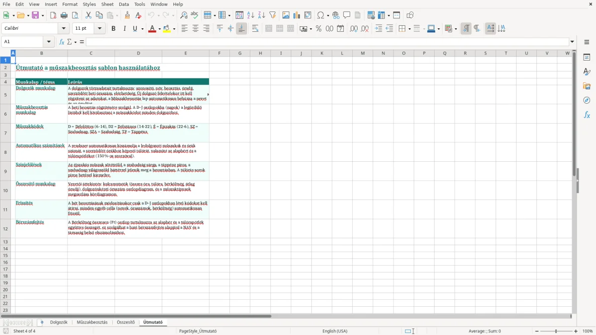 Képernyőkép 4: Útmutató lap - Excel sablon műszakbeosztás excel sablon