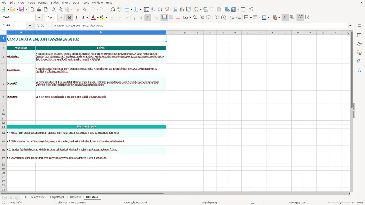 Képernyőkép 4: Útmutató lap - Excel sablon projektfeladat lista excel sablon